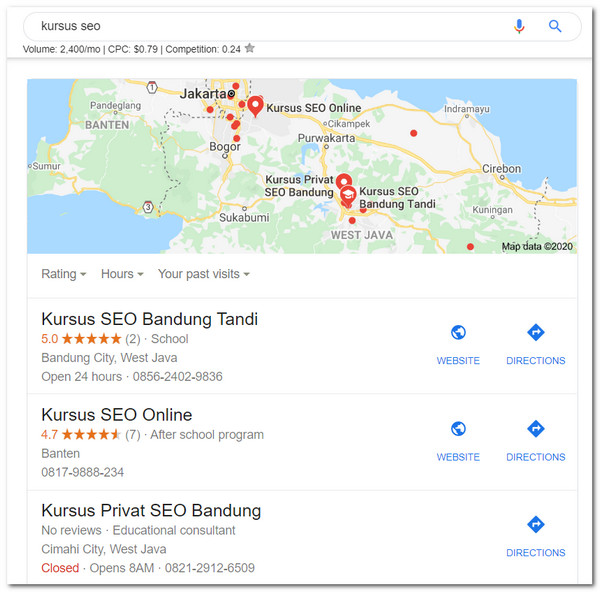 contoh local keyword - 3 pack google