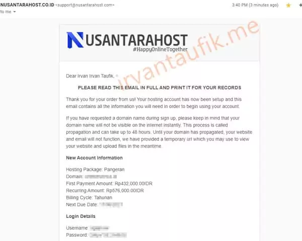 email detail akses akun hosting di nusantarahost