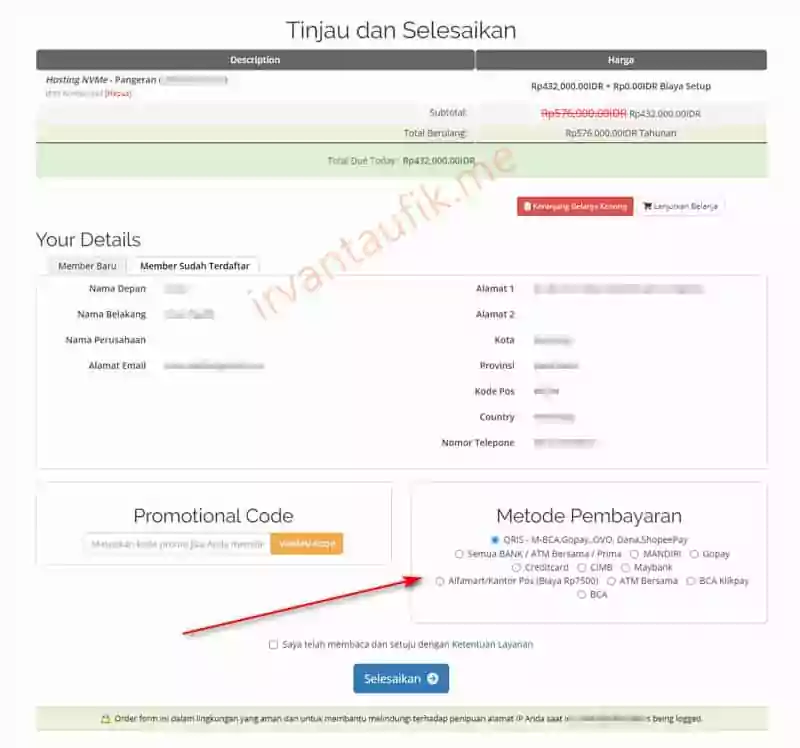 pilih metode pembayaran di nusantarahost