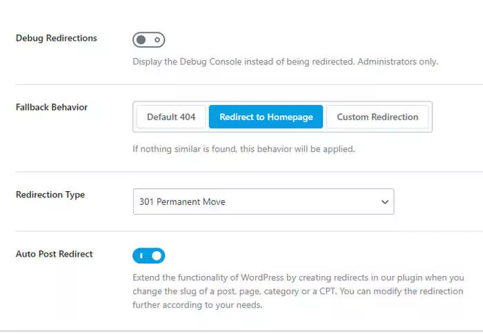setting menu redirections Rank Math
