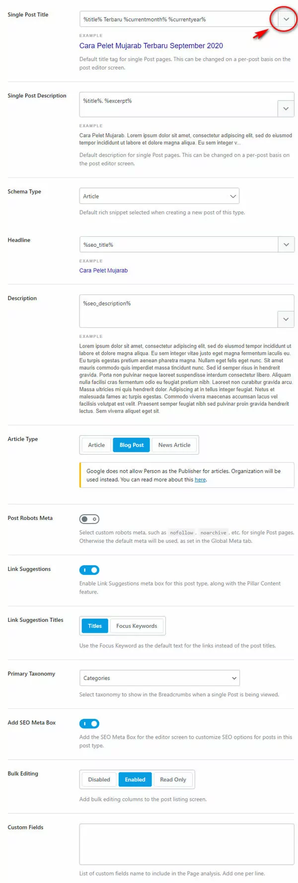 setting post title dan deskripsi di Rank Math