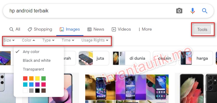 menu tools di pencarian google images